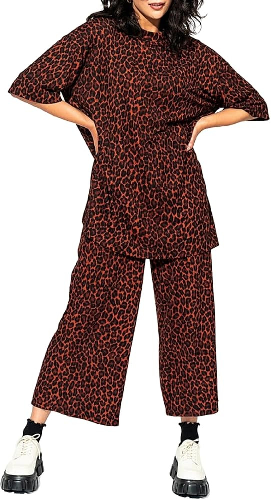 NUFIWI Women’s Two Piece Lounge Outfits Oversized Short Sleeve Shirt Top Wide Leg Crop Pants Se... | Amazon (US)