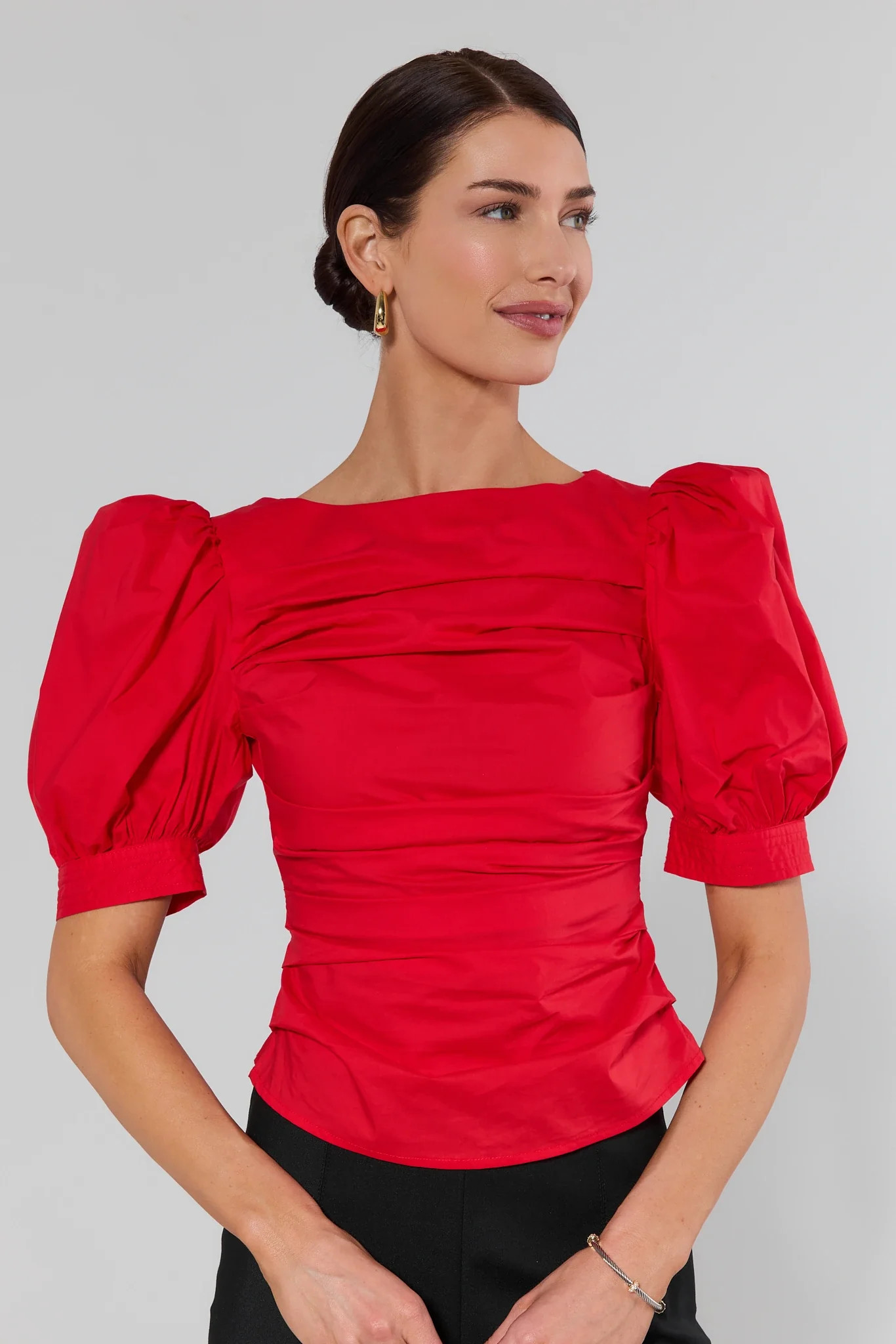 Milly Red Gathered Puff Sleeve Top | Avara