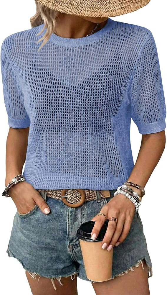 Dokotoo Womens Summer Short Sleeve Crochet Tops Hollow Out Floral Sweaters Beach Vacation Cruise ... | Amazon (US)