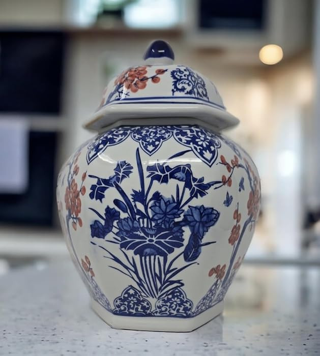 Festcool Blue and White Porcelain Ceramic Covered Floral Jar Vase, Food Container Storage Lotus P... | Amazon (US)