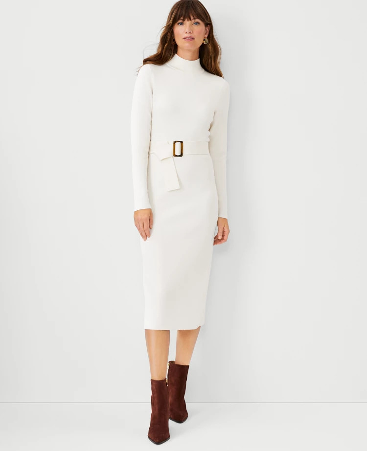 Petite Mock Neck Belted Sheath Sweater Dress | Ann Taylor (US)
