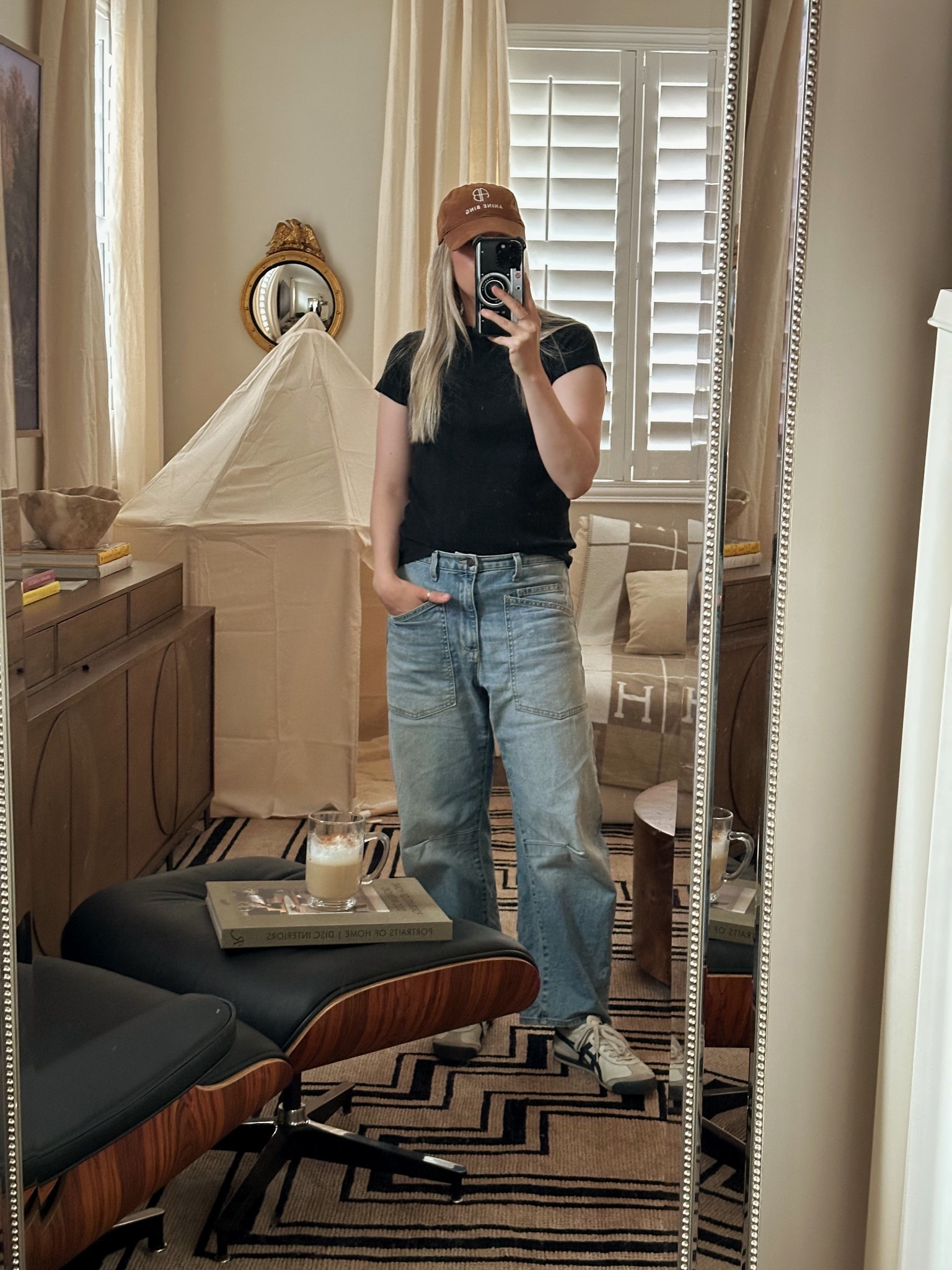 Today’s casual look: black Target ribbed tee, barrel jeans, onitsuka tiger Mexico 66 in navy, anine bing hat