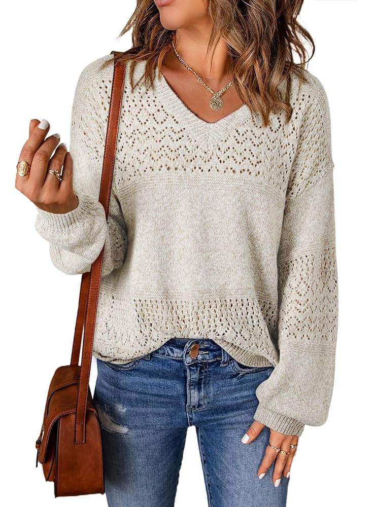 SHEWIN Women's Sweaters Casual Long Sleeve V Neck Lightweight Crochet Pullover Sweater Tops | Amazon (US)
