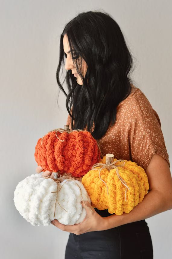 Hand Knit Chunky Chenille Yarn Pumpkin Fall Decor | Etsy | Etsy (US)