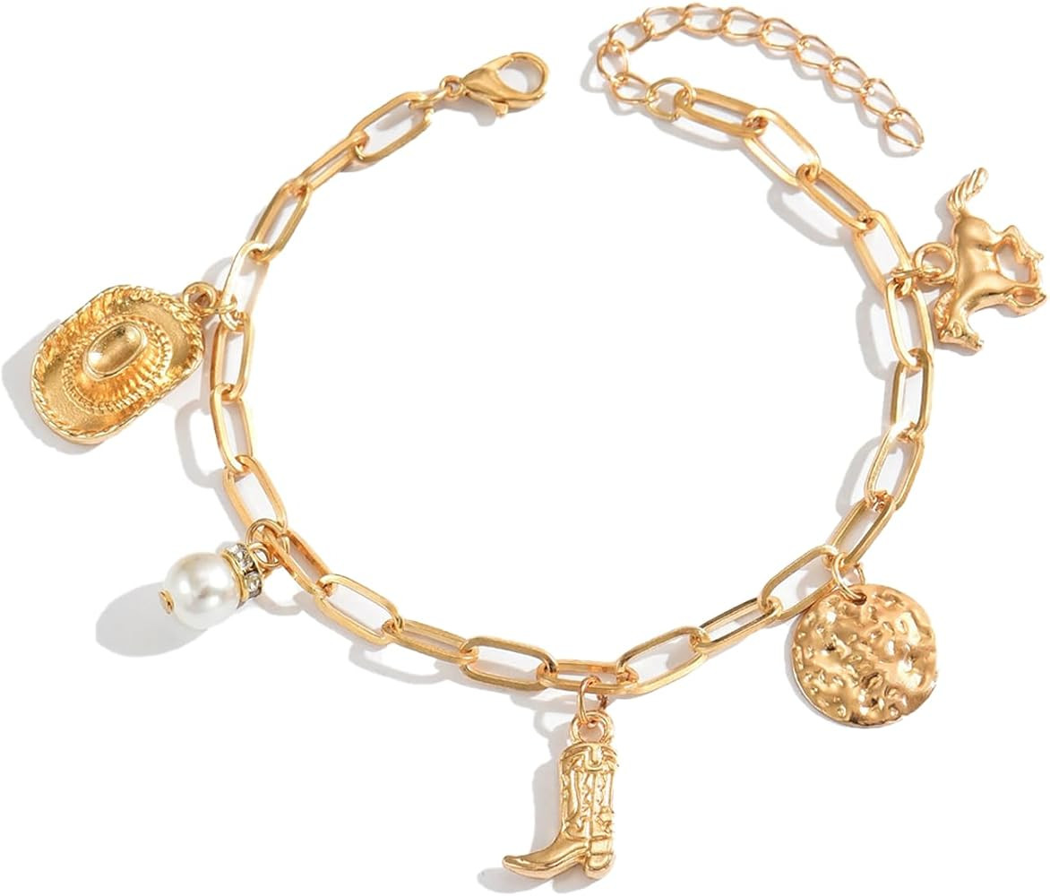 Western Charm Bracelet for Women Gold Cowboy Boot Bracelet Cowgirl Hat Western Bracelets Adjustab... | Amazon (US)