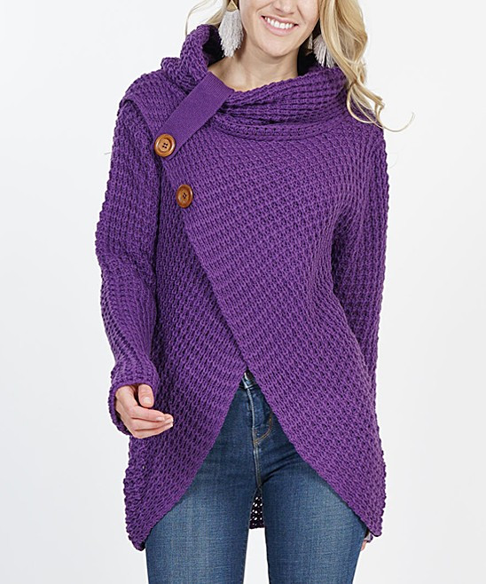 Purple Cowl Neck Button-Accent Sweater - Women | zulily