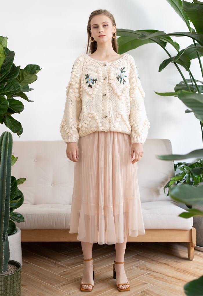 Floral Stitch Zig Zag Pom-Pom Hand Knit Cardigan | Chicwish