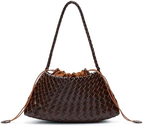 Small Woven Purse for Women, Vegan Leather Shoulder Bag, Slouchy Tote Bag with Inner Drawstring P... | Amazon (US)