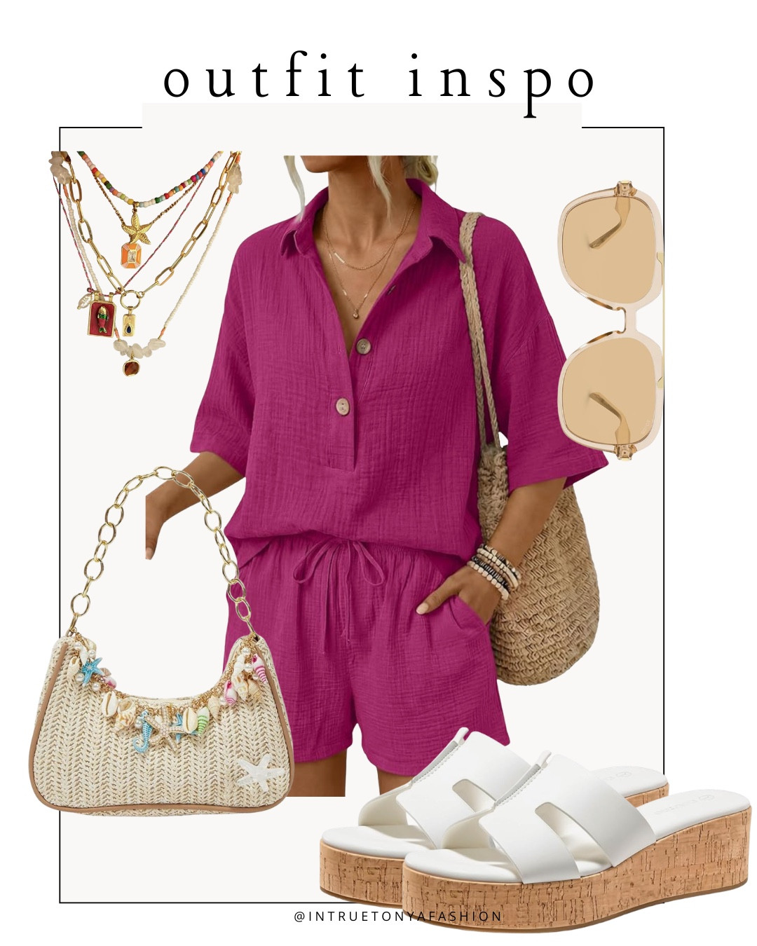 Summer outfit idea from amazon — pink 2 piece shorts set, white platform sandals, nautical stacked necklaces, seashell purse and sunglasses 







vacation outfits, tropical outfits, beach outfits, beach clothes, resort wear 2026, summer outfits, beach vacation outfit,

#LTKootd #LTKTravel #LTKPetite