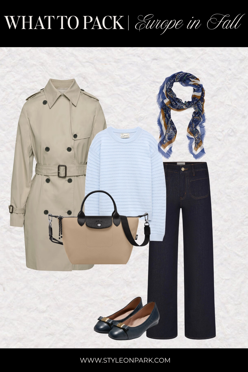 What to Pack | What to Wear This Fall:  trench coat, cashmere sweater, dark wash, wide-leg denim, ballet flats, tote bag and scarf 

 #LTKootd #LTKWorkwear #LTKTravel