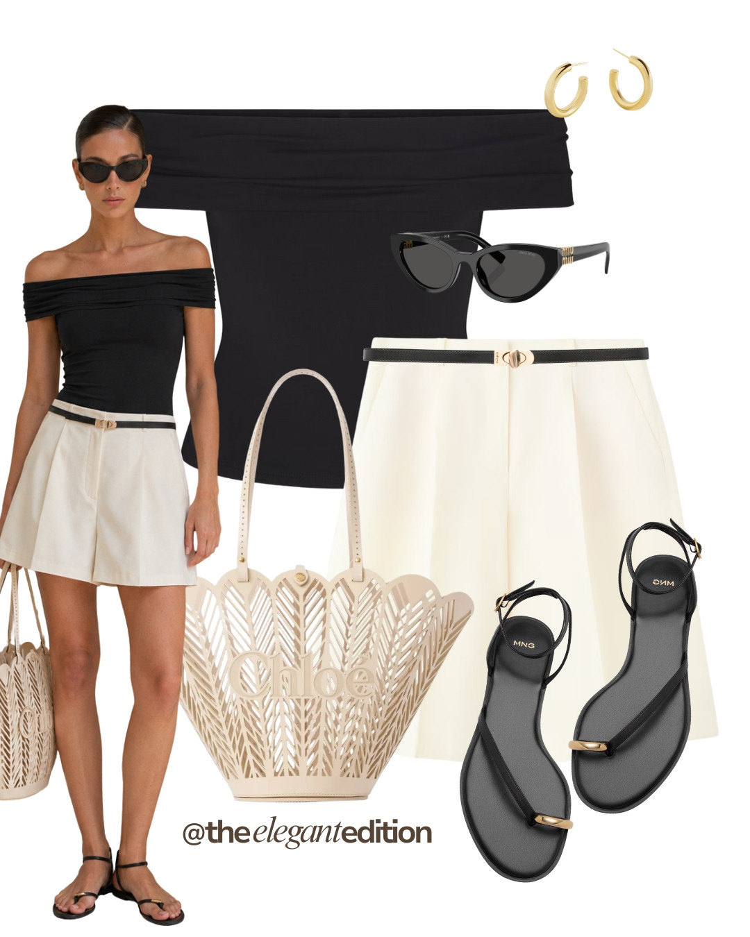 BLACK & CREAM LOOK 🤍🖤 — Black off-shoulder top, cream tailored shorts, Chloe basket bag, black flat sandals and gold hoop earrings. Chic summer contrast dressing.
#summeroutfit #oldmoney #quietluxury #chloe #LTKsummer #LTKstyletip
 

 #LTKeurope #LTKsummer #LTKstyletip