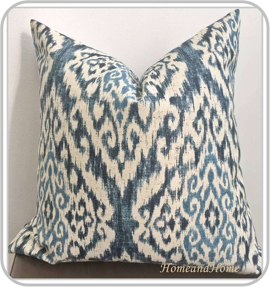 Zipper Closure Ikat Damask Shades of Indigo Blue Oatmeal Indigo Blue Pillow Cover Housewares Deco... | Amazon (US)
