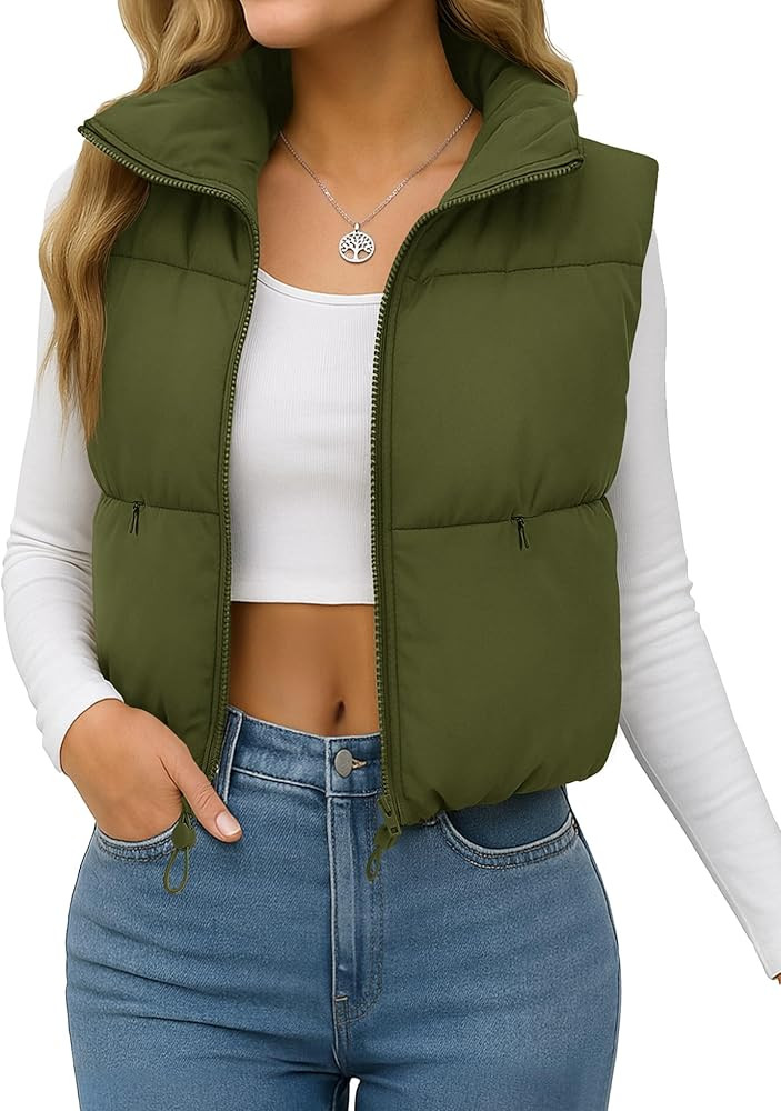 YUCOLEN Women's Crop Puffer Vest Lightweight Warm Outerwear with Fashion Stand Collar Zip Up Padd... | Amazon (US)