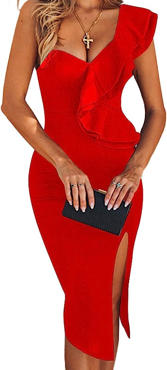 UONBOX Women's One Shoulder Sleeveless Knee Length Side Split Fashion Bandage Dress | Amazon (US)