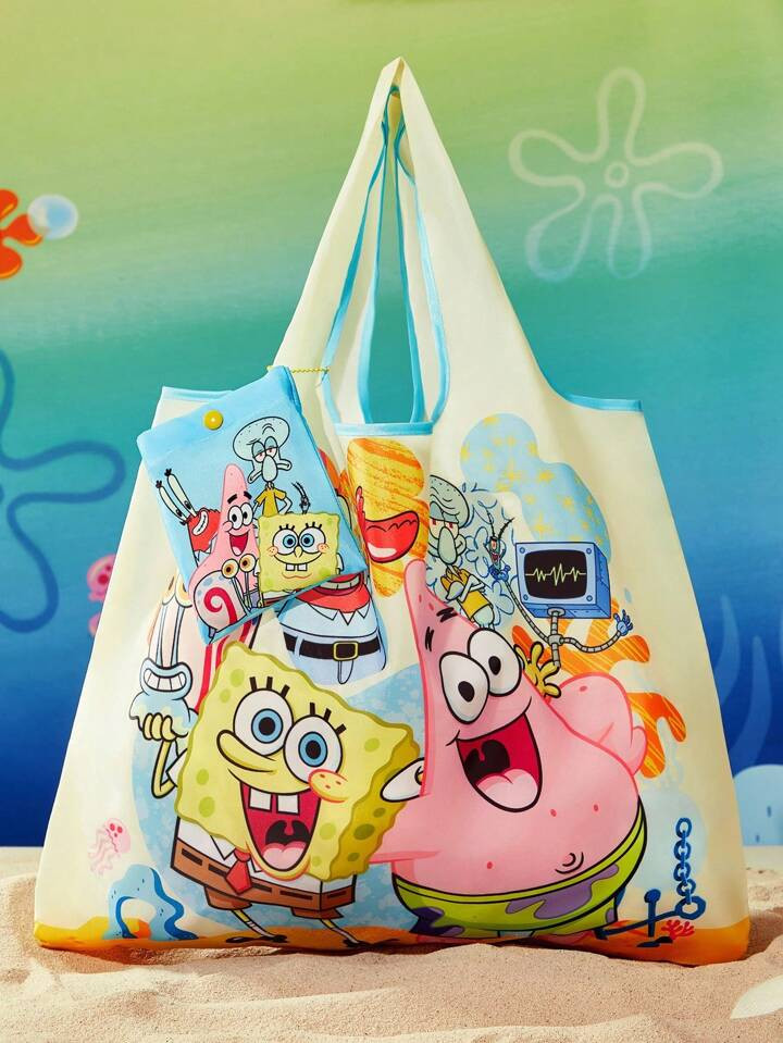 SpongeBob SquarePants X SHEIN 1pc Cute Cartoon Character Printed Foldable Shopping Bag, Tote Bag, Equipped With A Small Storage Bag With A Bead Chain, Can Be Hung On A Bag,Squidward Tentacles,‌Eugene H. Krabs,Sandy Cheeks | SHEIN