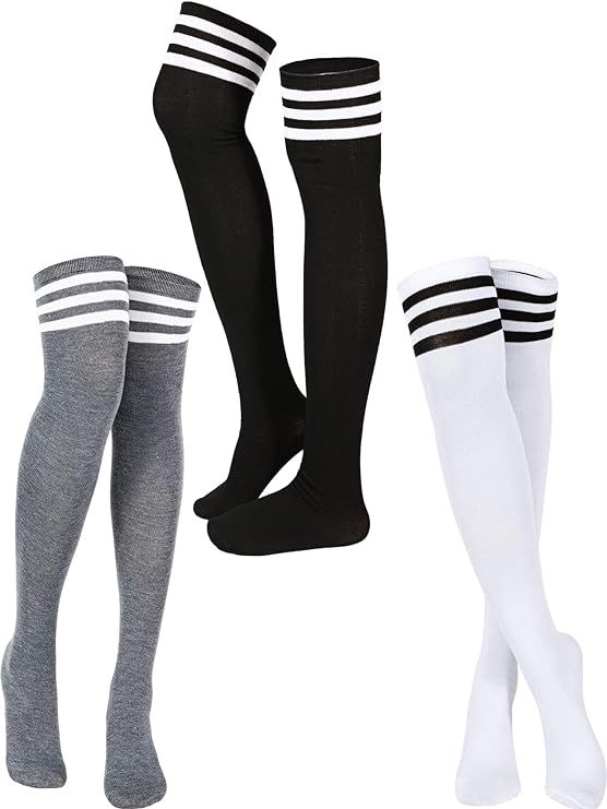 3 Pairs Knee High Socks Thigh High Socks Triple Stripe over the Knee Socks Long Opaque Thigh High... | Amazon (US)
