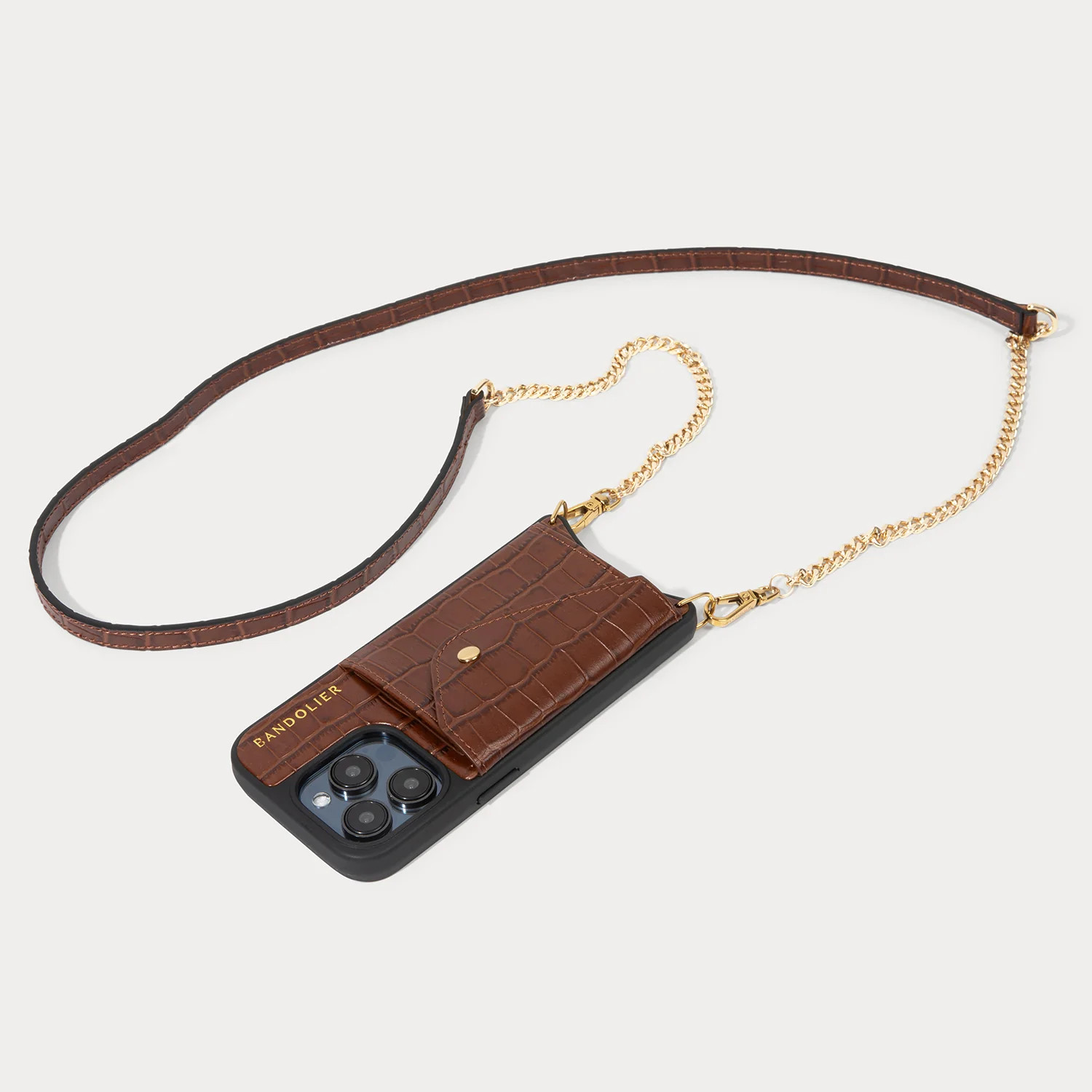 Vivian Side Slot Crossbody Bandolier - Brown Croc/Gold | Bandolier