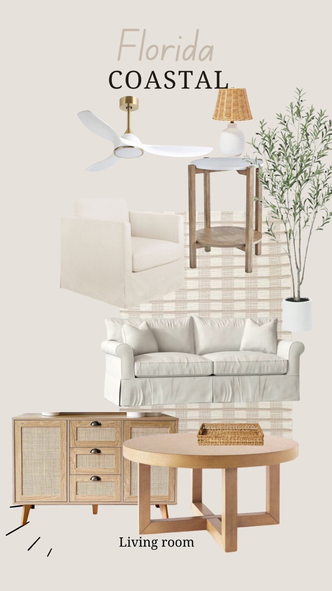 Coastal living room 
Coastal coffee table 
Slipcover sleeper sofa 
Slipcover swivel chairs 
Coastal ceiling fan
Area rug 

#LTKHome #LTKSaleAlert