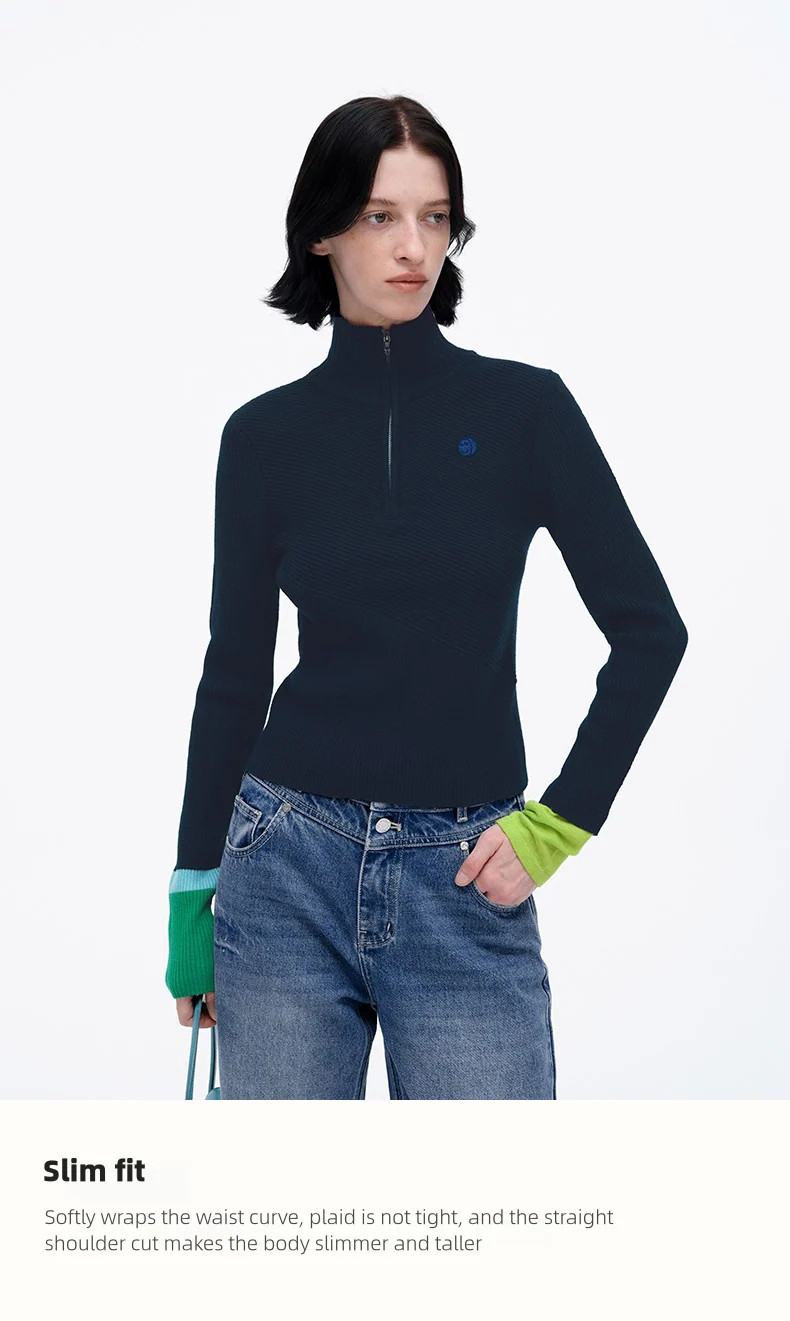 SELFWHO Wool Blend Half Turtleneck Zip-UP Sweater | SELFWHO