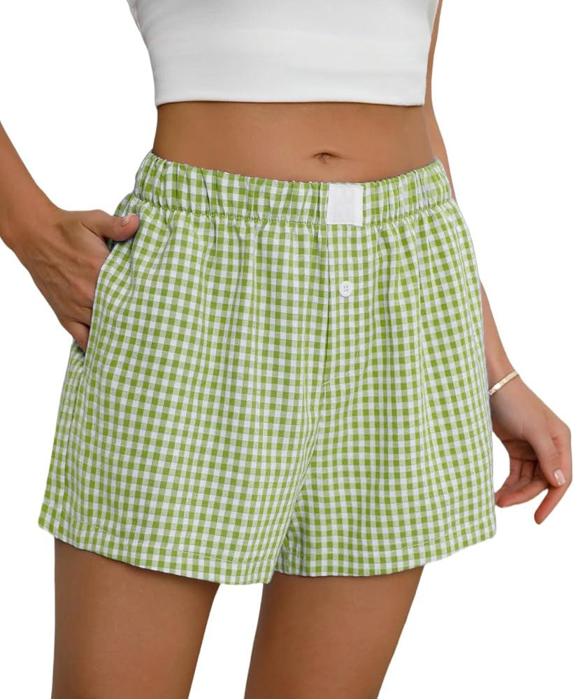 Lziizl Womens Boxer Shorts Cotton Summer Casual Pajama Y2K Sleep Gingham Plaid Shorts Bottom with... | Amazon (US)