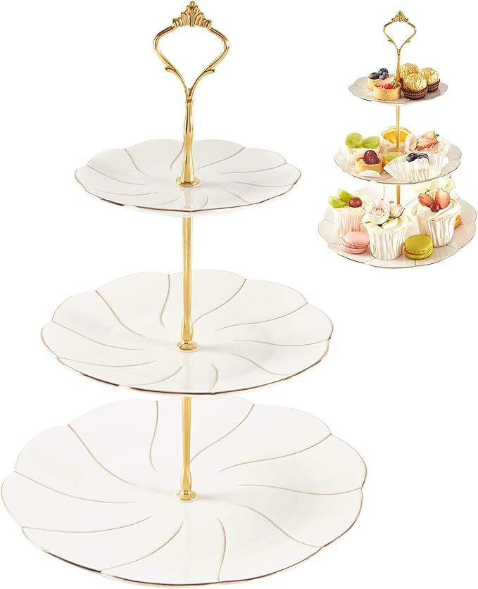 DUJUST Luxury Porcelain 3-Tier Cupcake Stand Tower, British Style Serving Tray with Golden Trim, ... | Amazon (US)