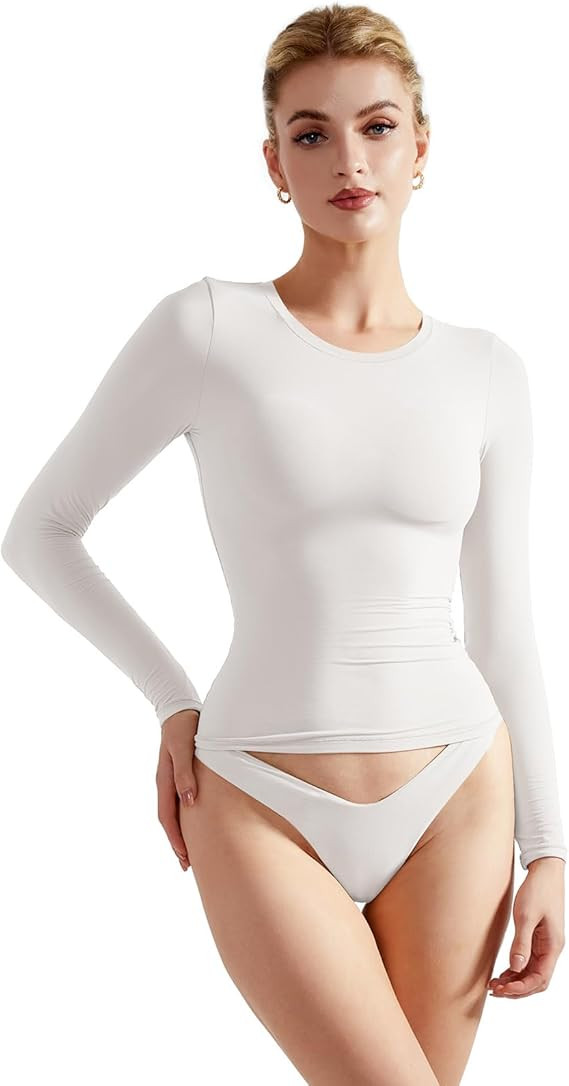 SUUKSESS Women Double Lined Fitted Basic T Shirts Crew Neck Long Sleeve Crop Top | Amazon (US)