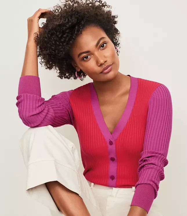 Colorblock Ribbed V-Neck Cardigan | Loft | LOFT