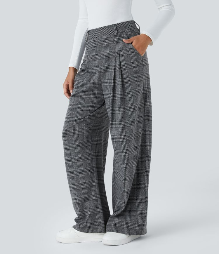 Women’s High Waisted Pocket Wide Leg Houndstooth Plaid Casual Pants - Halara | HALARA