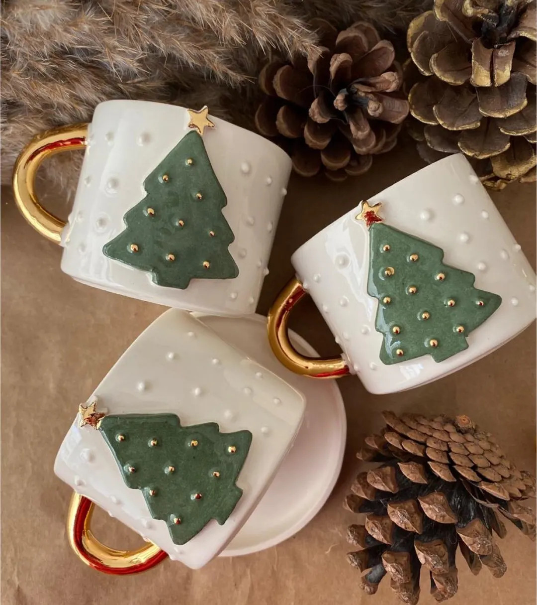 Handmade Ceramic Coffee Mug With Green Christmas Tree Motif and Gold Details Unique Christmas Mug... | Etsy (US)