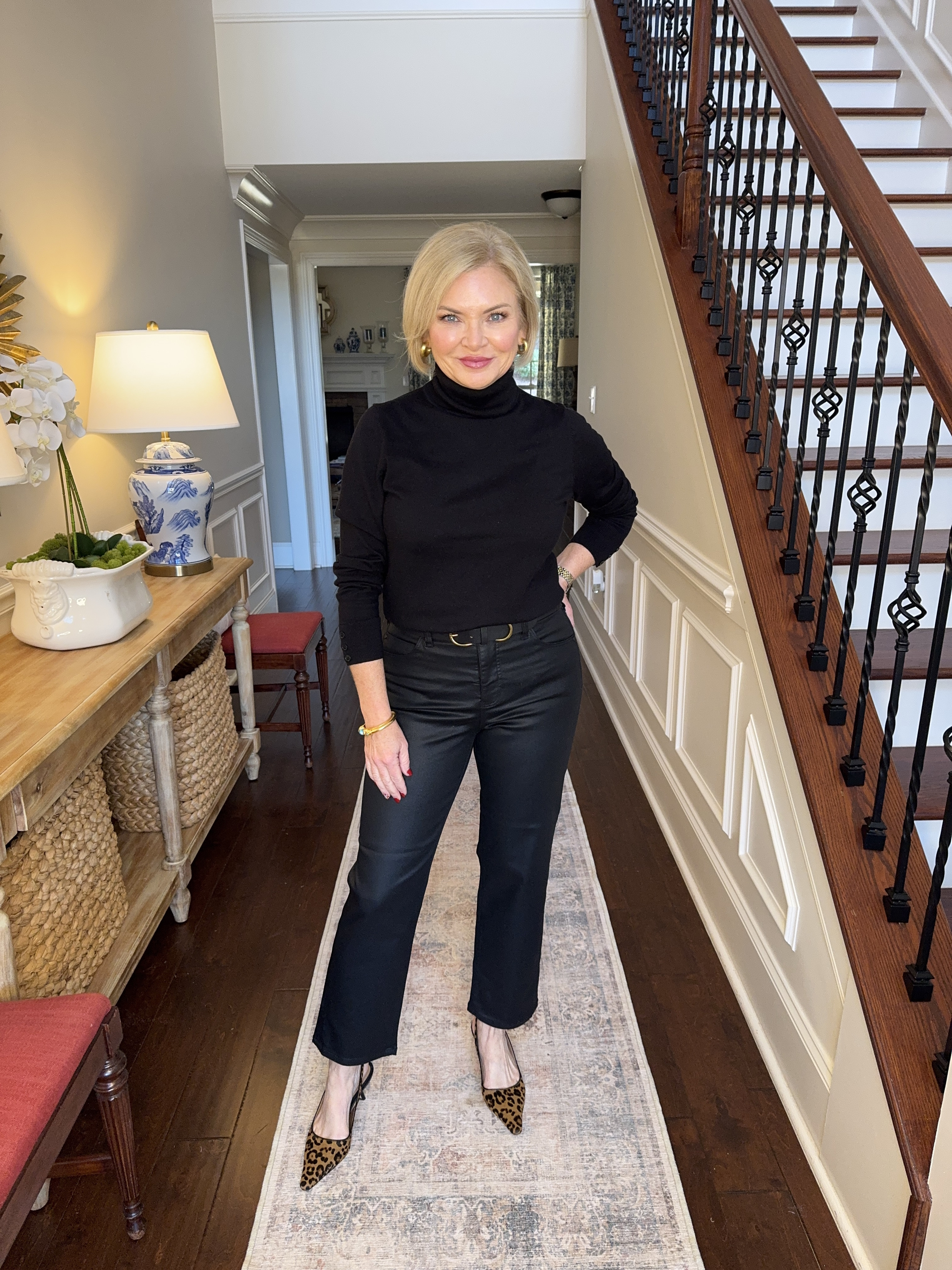 A black turtleneck can easily be dressed up! Here I've paired it with some coated jeans and leopard print slingbacks for a dressier look.  Wearing medium petite turtleneck, 4 jeans.

Black turtleneck
Leopard print
Winter outfit
Date night outfit
Classic style

#stylewithserena
#fashionover50


#LTKSaleAlert #LTKOver40 #LTKStyleTip