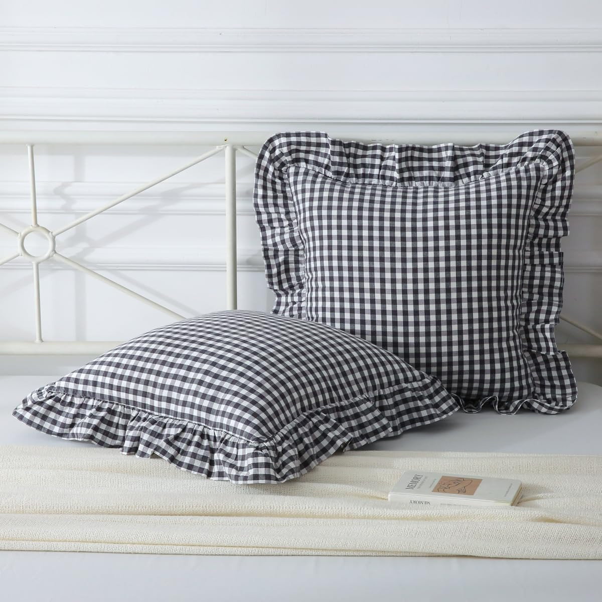 Black/White Plaid Ruffle Throw Pillow Covers Set of 2,Checkered Washed Cotton Gingham Decorative ... | Amazon (US)