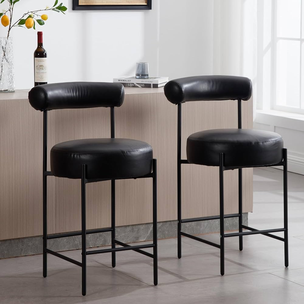 Shunzhi Modern Counter Height Bar Stools Set of 2 Black Leather Bar Stools with Backs, Upholstere... | Amazon (US)