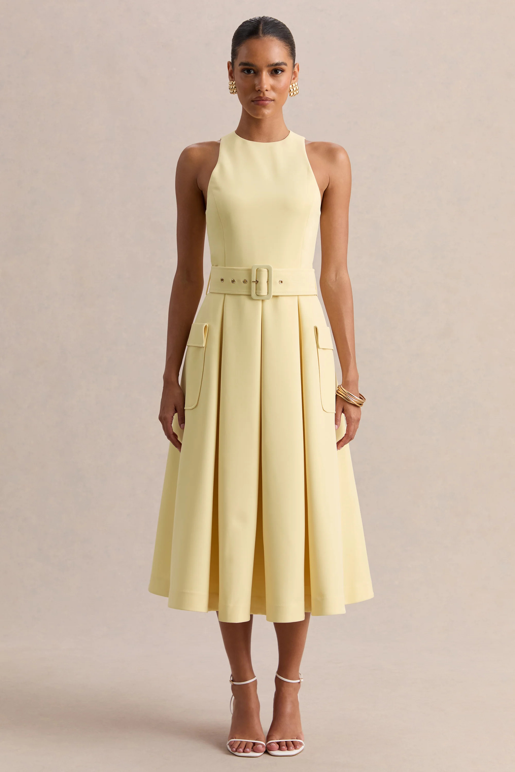 Magnora | Lemon Crew-Neck Belted Midi Dress | Club L London