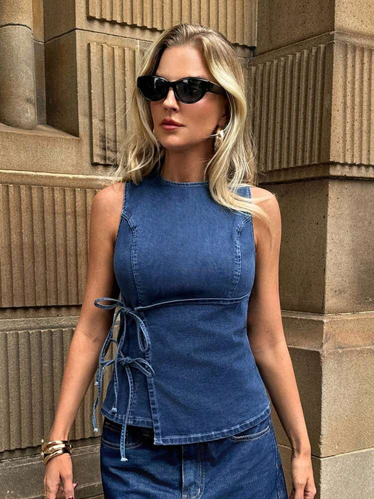 Forever 21 Women's Sleeveless Tie Waist Denim Crop Top | SHEIN