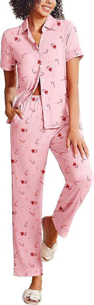 Ekouaer Womens Pajama Sets 2 Piece Button Down Short Sleeve Pjs Set Soft Lounge Set with Long Pan... | Amazon (US)