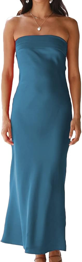 Realtix Satin Silk Backless Tube Tops Maxi Dress for Women Low Back Hollow Out Elegant Strapless ... | Amazon (US)