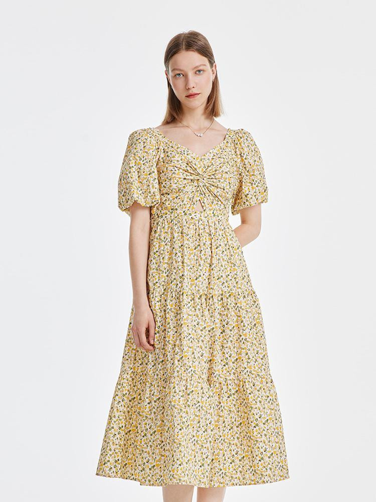 Floral Puff Sleeve Dress - Yellow / M | GOELIA