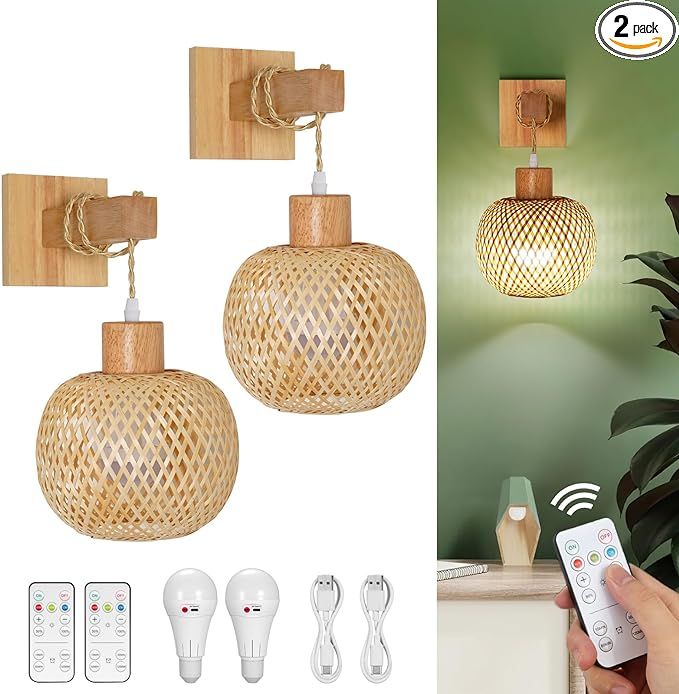 Glitnous Battery Operated Wall Sconce with Remote Set of 2, Rechargeable Rattan Wall Sconces Batt... | Amazon (US)