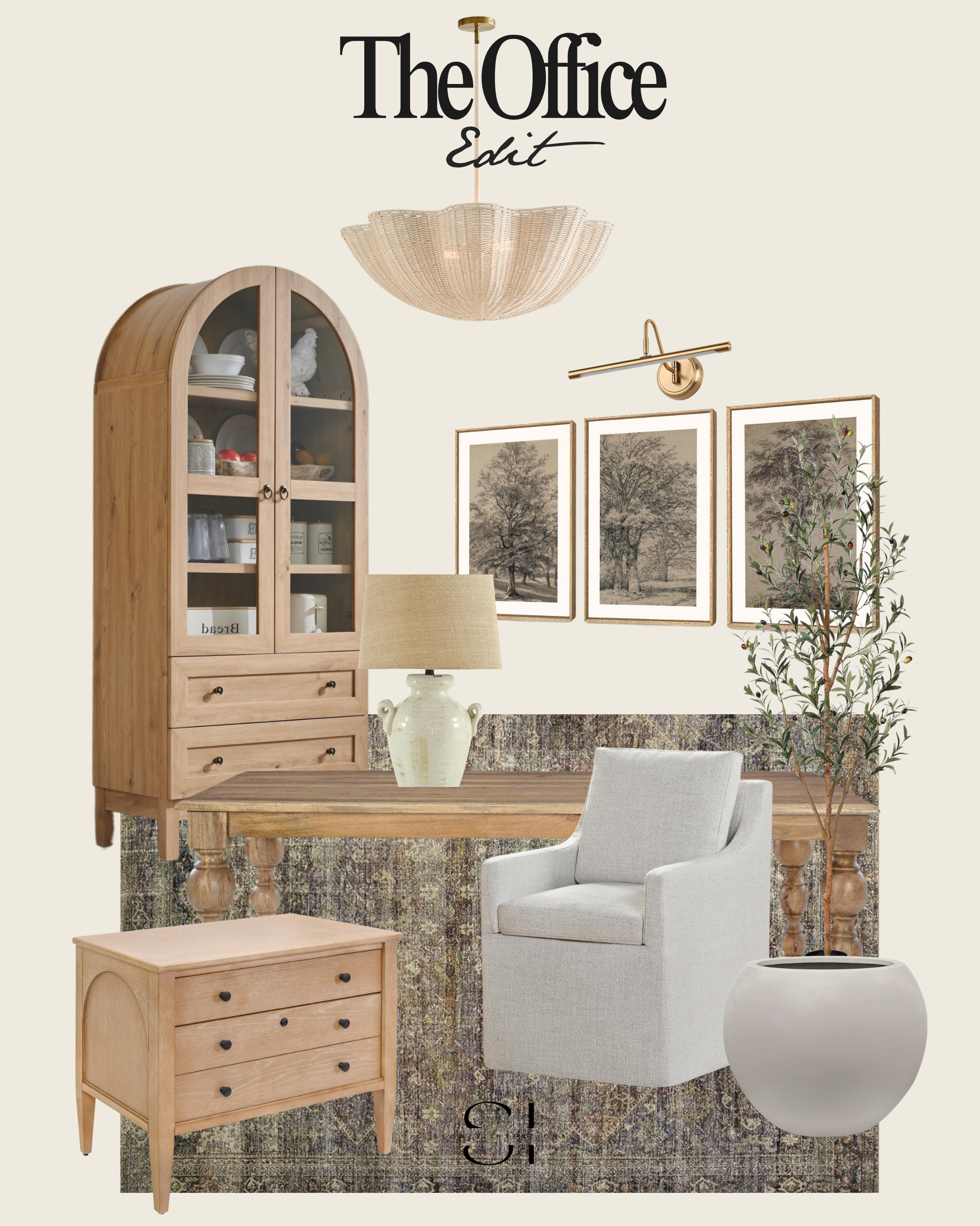 A simple organic modern home office. linen chair, dining table desk, faux olive tree, wood file cabinet, arched armoire, landscape artwrok, organic lighting 

 #LTKHome