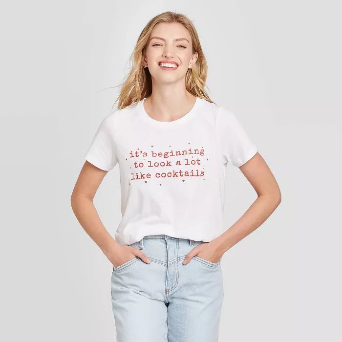 Women's It's Beginning To Look Like Cocktails Short Sleeve Graphic T-Shirt - White | Target