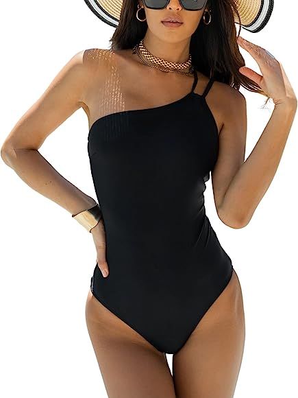 CUPSHE Women's One Piece Swimsuit Bathing Suit One Shoulder Lace-Up Back Shell Charm | Amazon (US)