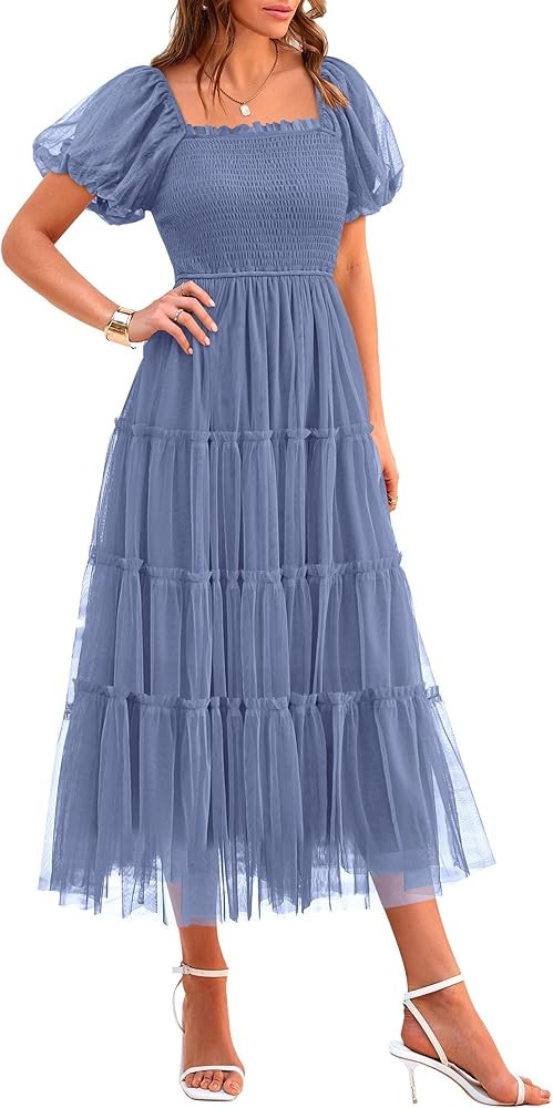 PRETTYGARDEN Women's Smocked Midi Tulle Dress 2025 Summer Puffy Short Sleeve Square Neck Ruffle W... | Amazon (US)