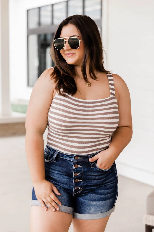 Memory Lane Taupe Square Neck Ribbed Stripe Bodysuit | The Pink Lily Boutique