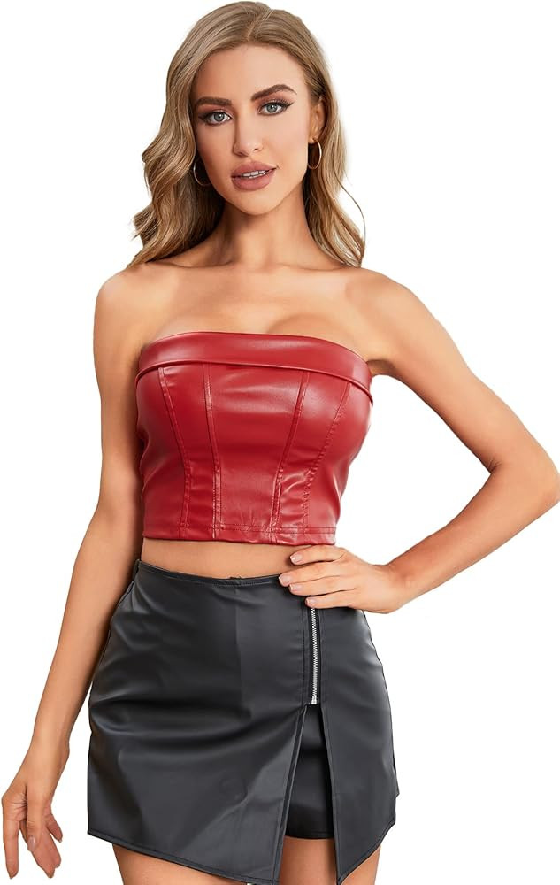 WDIRARA Women's Sleeveless Zipper Back Strapless Pu Leather Party Crop Tube Top | Amazon (US)