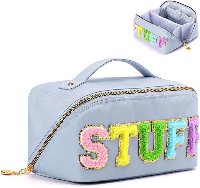 LONEDREAM Stoney Clover Preppy Makeup Bag, Large Capacity Travel Cosmetic Bag, Chenille Letter Op... | Amazon (US)