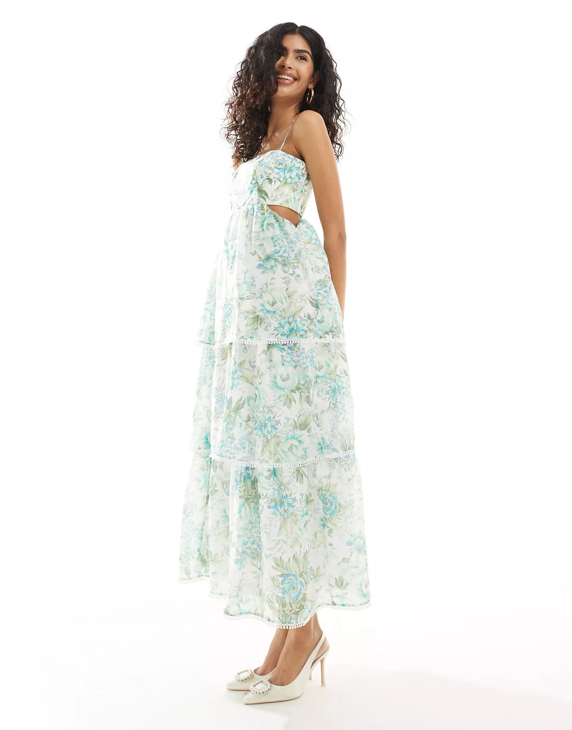 Forever New tiered midaxi dress in green and blue floral | ASOS (Global)