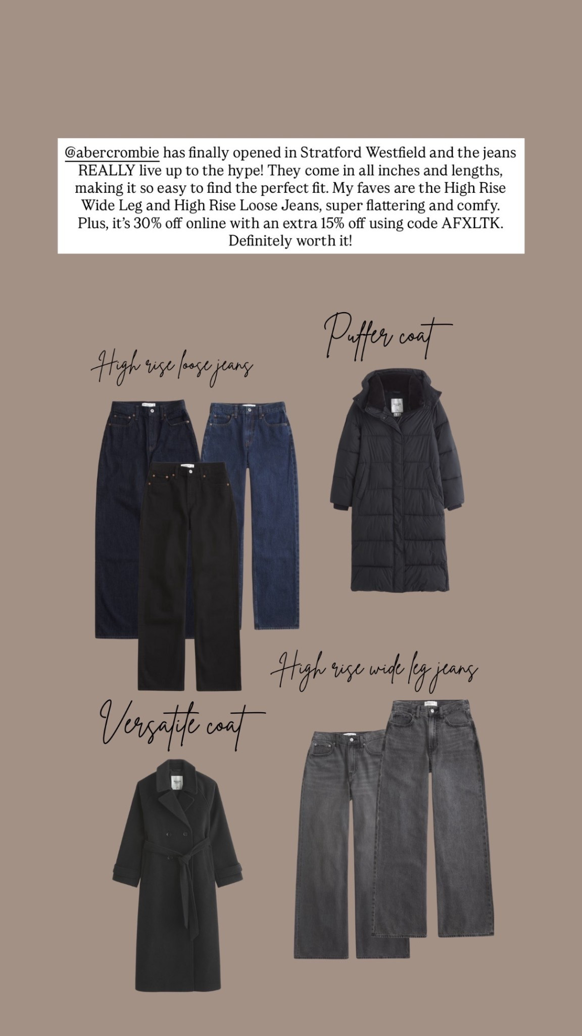Abercrombie & Fitch has finally opened in Stratford Westfield and the jeans REALLY live up to the hype! They come in all inches and lengths, making it so easy to find the perfect fit. My faves are the High Rise Wide Leg and High Rise Loose Jeans – super flattering and comfy. Plus, it’s 30% off online with an extra 15% off using code AFXLTK. Definitely worth it! 

#LTKwinter #LTKfestive #LTKCyberWeek