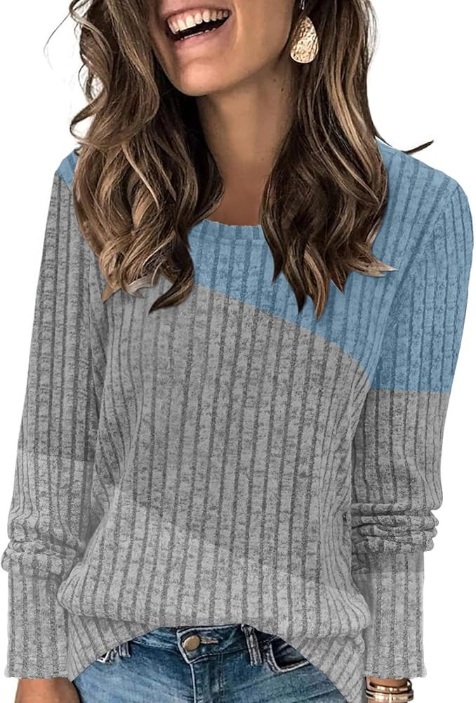 AYIFU Womens Color Block Tops Lightweight Sweaters Casual Long Sleeve Tunic Tops Trendy Crewneck ... | Amazon (US)