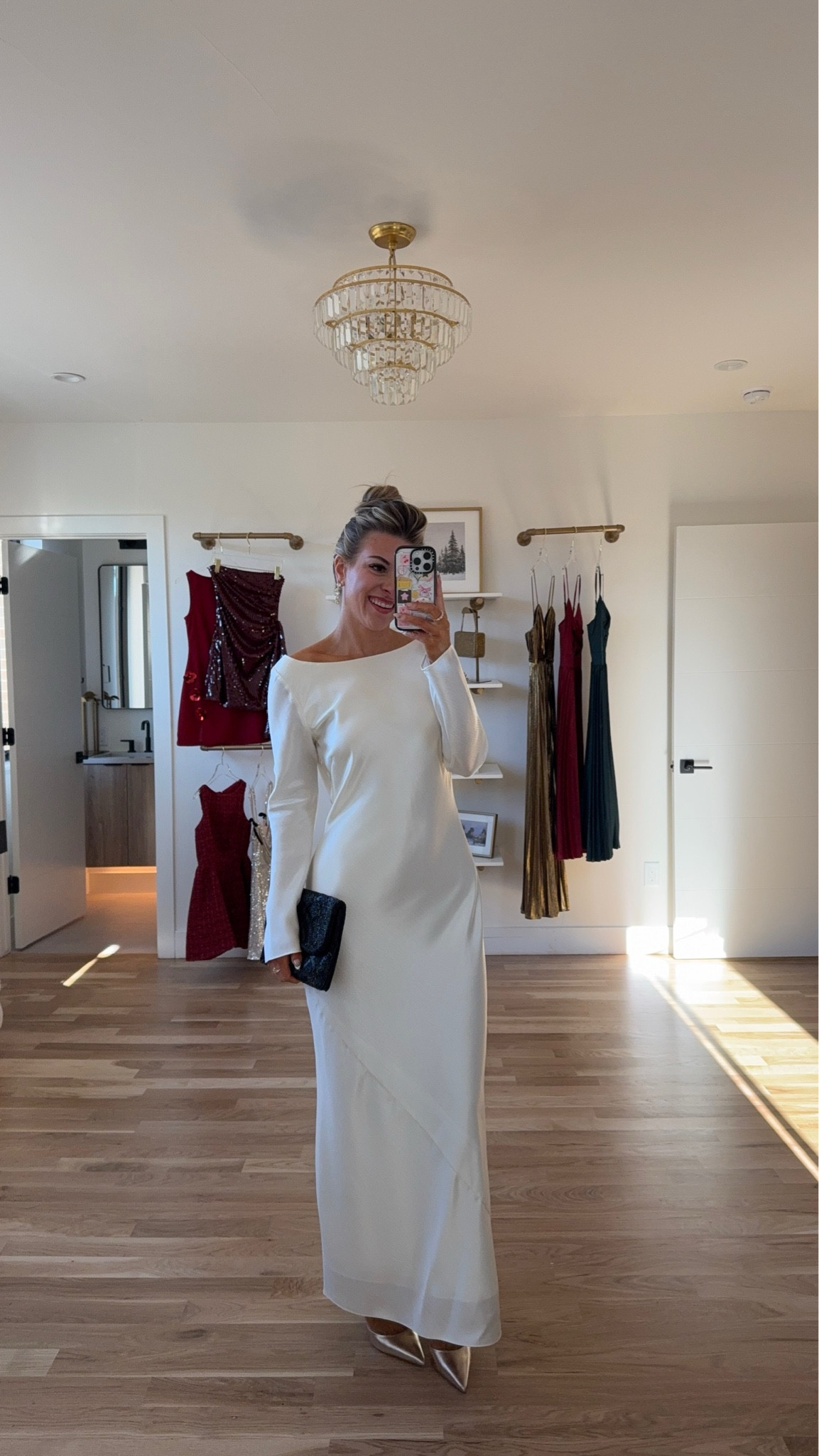 White satin long sleeve gown holiday party dress winter engagement party bride dress 

Wearing my usual small  

#LTKSeasonal #LTKHoliday #LTKParties