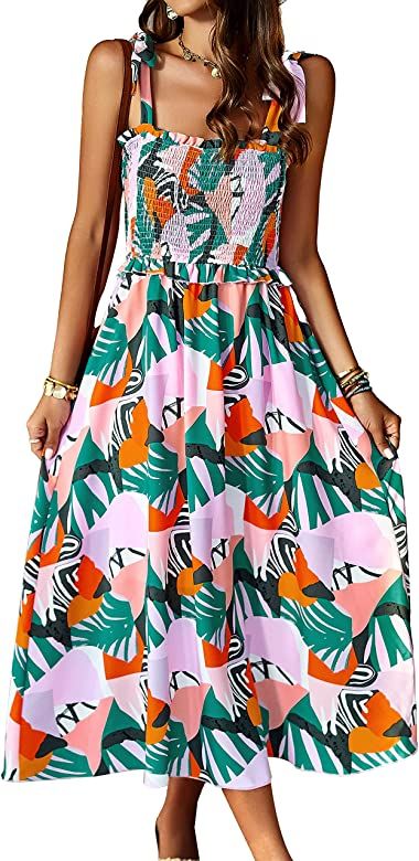 PRETTYGARDEN Women Summer Dresses 2023 Tie Strap Square Neck Smocked Ruffle Flowy Floral Print Bo... | Amazon (US)